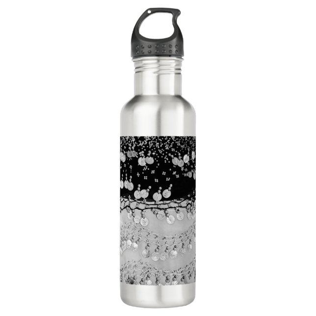 Classy Black and Silver Gypsy Scarf   Stainless Steel Water Bottle (Front)