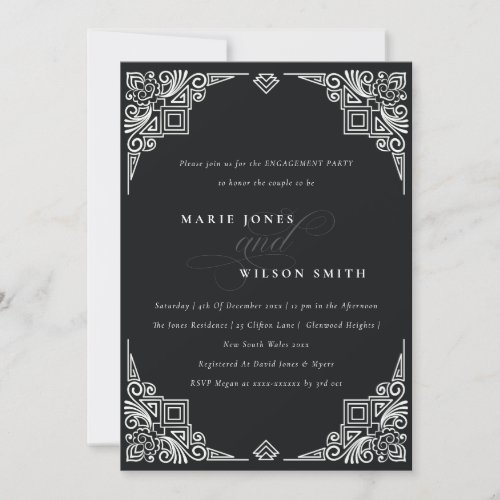 Classy Black and White Art Deco Ornate Engagement Invitation