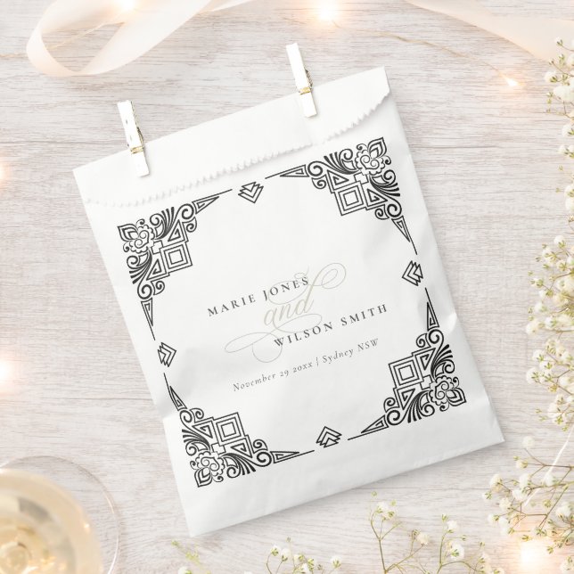Classy Black and White Art Deco Ornate Wedding Favor Bag (Clipped)