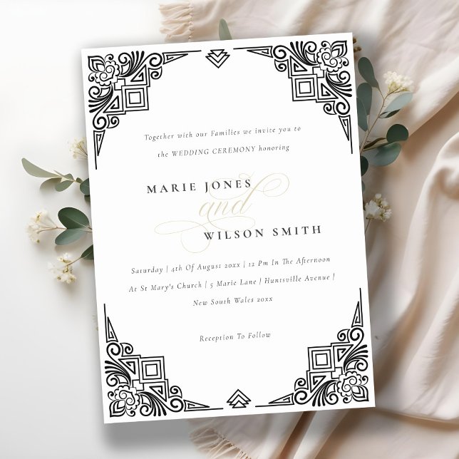 Classy Black and White Art Deco Ornate Wedding Invitation (Creator Uploaded)