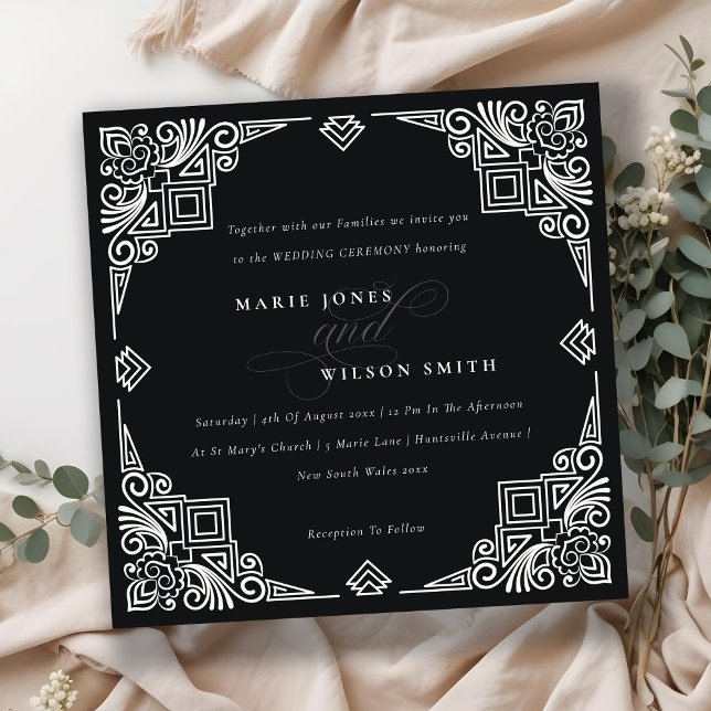 Classy Black and White Art Deco Ornate Wedding Invitation (Creator Uploaded)
