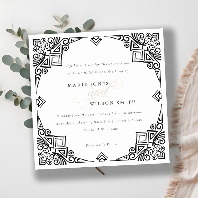 Classy Black and White Art Deco Ornate Wedding Invitation (Creator Uploaded)
