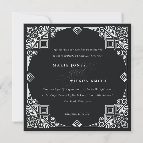 Classy Black and White Art Deco Ornate Wedding Invitation