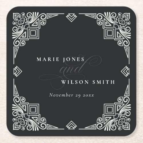 Classy Black and White Art Deco Ornate Wedding Square Paper Coaster