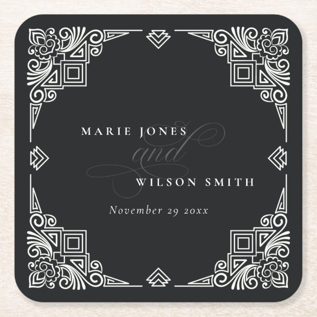 Classy Black and White Art Deco Ornate Wedding Square Paper Coaster (Front)