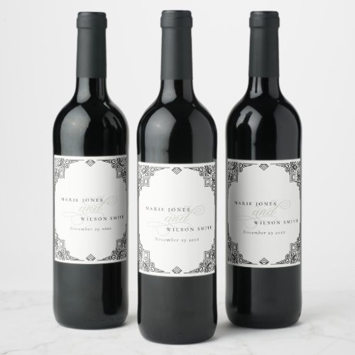 Classy Black and White Art Deco Ornate Wedding Wine Label
