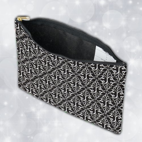 Classy Black and White Damask Design With Scrolls Accessory Pouch