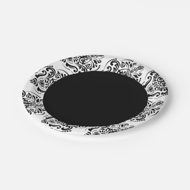 Classy Black And White Damask Paper Plates (Angled)