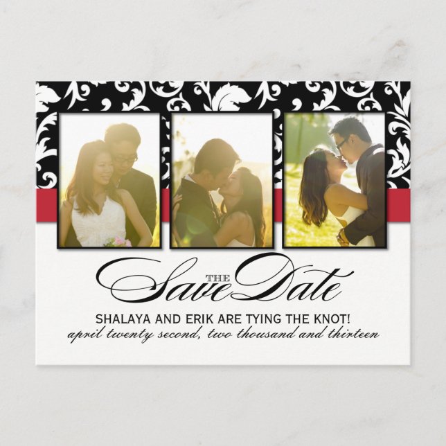 Classy Black and White Damask Save the Date Announcement Postcard (Front)
