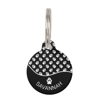 Classy Black And White Dog Paws Pattern & Name Pet ID Tag
