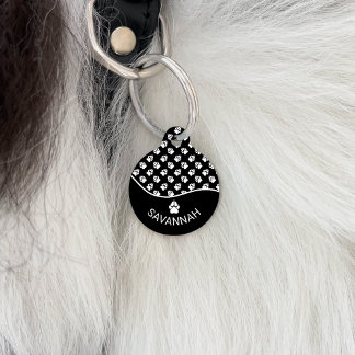 Classy Black And White Dog Paws Pattern &amp; Name Pet ID Tag