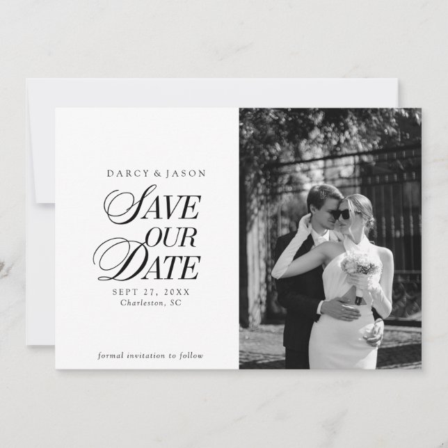 Classy Black and White Elegant Save the Date Card (Front)