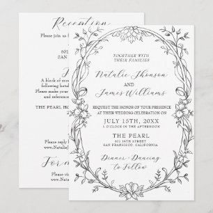 Classy Black And White Floral All In One Wedding Invitation