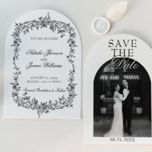 Classy Black And White Floral Arched Photo Wedding Save The Date