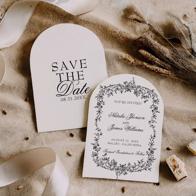 Classy Black And White Floral Arched Wedding Save The Date (Creator Uploaded)