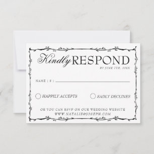 Classy Black And White Floral Boho Fancy Wedding RSVP Card