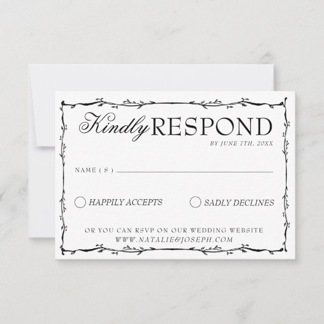Classy Black And White Floral Boho Fancy Wedding RSVP Card (Front)