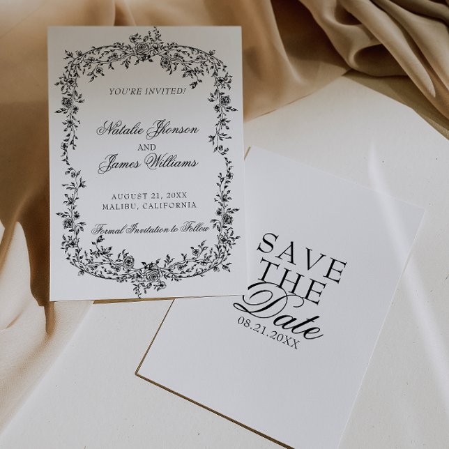 Classy Black And White Floral Botanical Wedding Save The Date (Creator Uploaded)