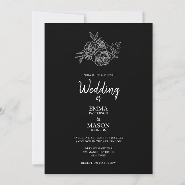 Classy Black and White Floral Invitation (Front)