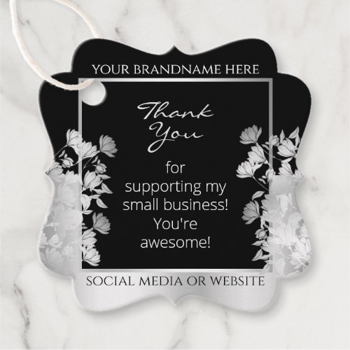 Classy Black and White Floral Silver Frame Product Favor Tags