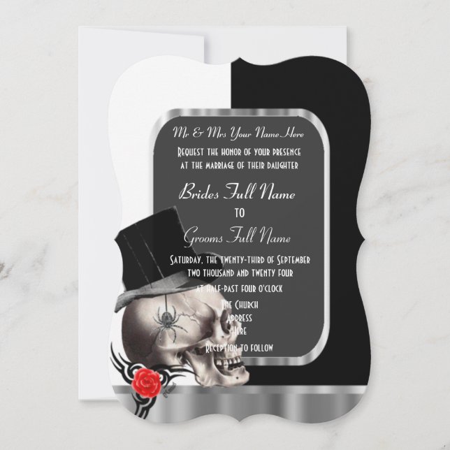 Classy black and white gothic skull wedding invitation (Front)