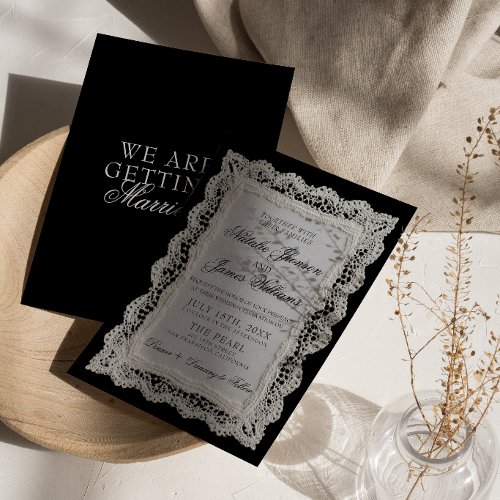Classy Black And White Lace Old Money Wedding  Invitation