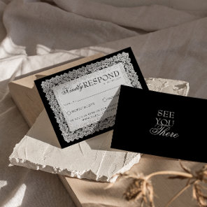 Classy Black And White Lace Old Money Wedding RSVP Card