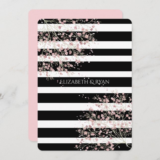 Classy, Black and White Stripes, Cherry Blossom Invitation (Front/Back)