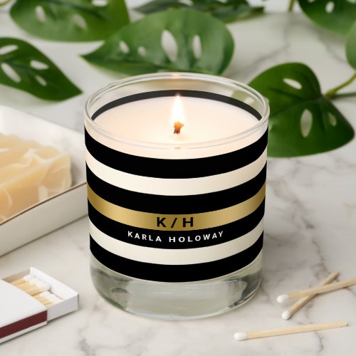 Classy black and white stripes gold accent scented candle