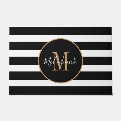 Classy Black And White Stripes Gold Monogram Doormat