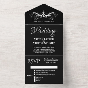 Classy Black and White Tri Fold Rsvp Wedding All All In One Invitation