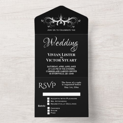 Classy Black and White Tri Fold Rsvp Wedding  All  All In One Invitation