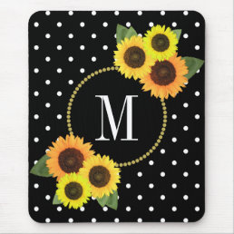 Classy Black Antique Floral Polka Dots Monogram Mouse Pad