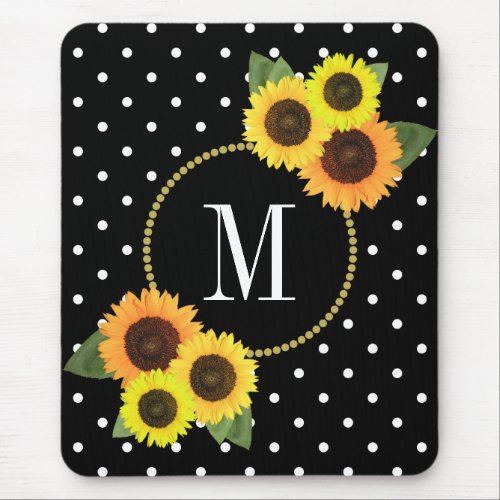 Classy Black Antique Floral Polka Dots Monogram Mouse Pad