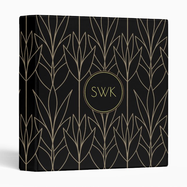 Classy Black & Beige Deco Floral Pattern Monogram 3 Ring Binder (Front/Spine)
