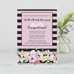 Classy Black Blush Pink Striped Floral Birthday Invitation