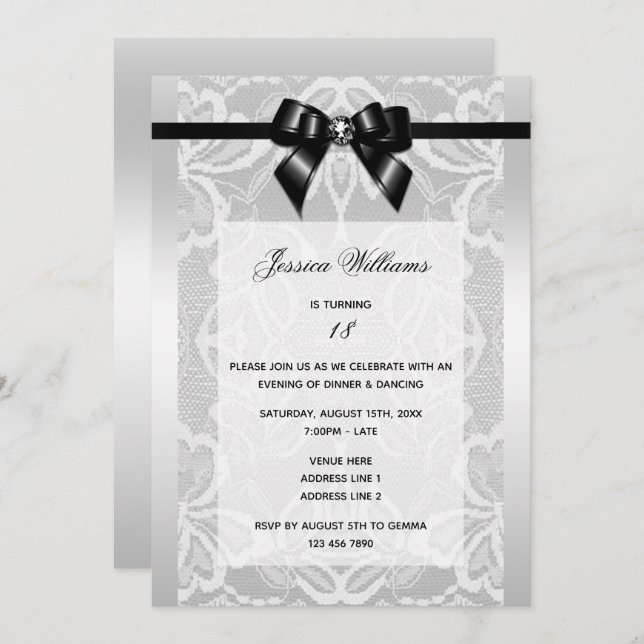 Classy Black Bow & Lace Birthday Invitation (Front/Back)