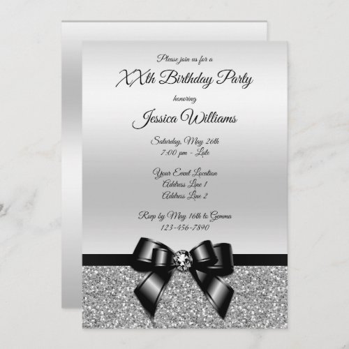 Classy Black Bow  Silver Glitter Birthday Invitation