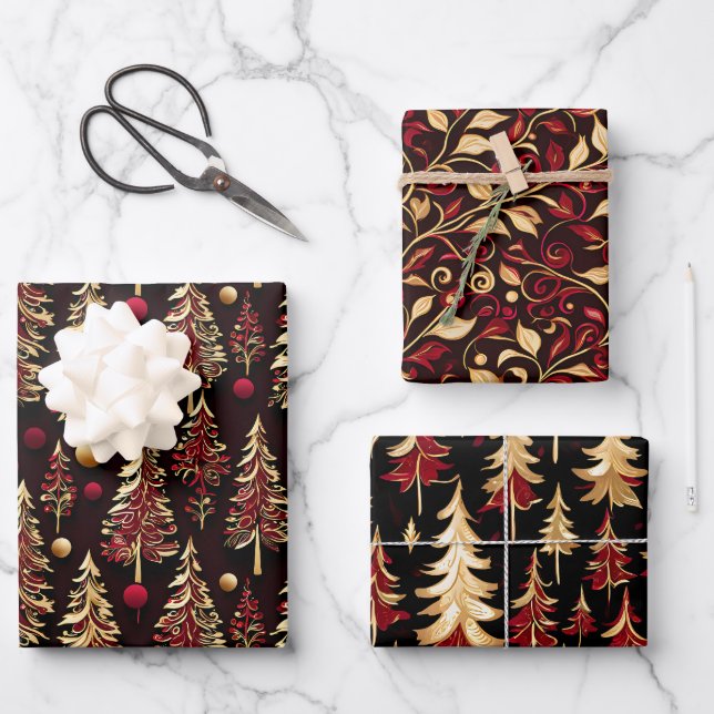 Classy Black, Burgundy and Gold Christmas Tree Wrapping Paper Sheets (Front)