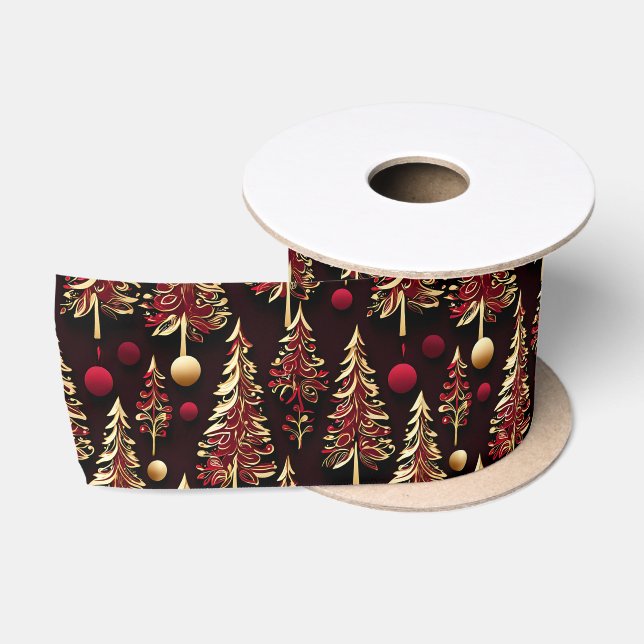 Classy Black, Burgundy and Gold Christmas Trees Satin Ribbon (Spool)
