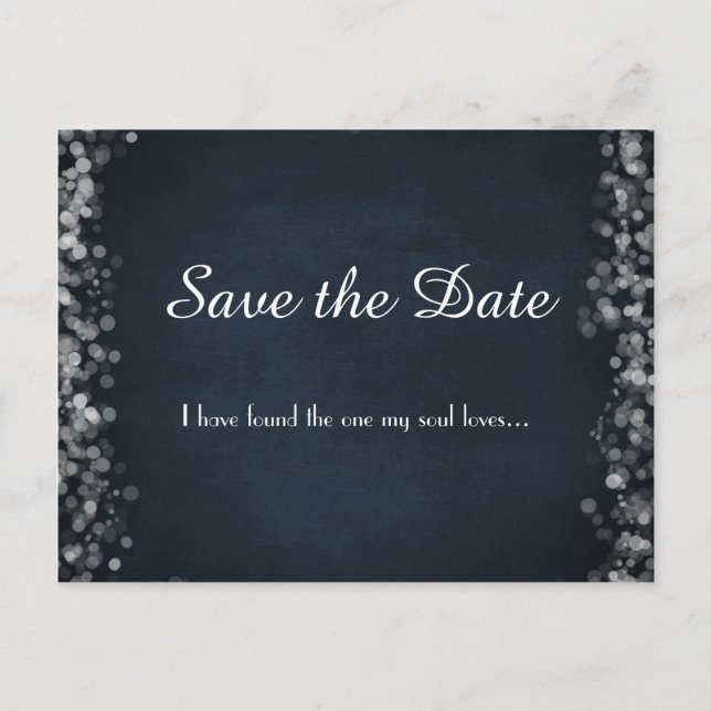 Classy Black Chalkboard Bokeh Lights Save the Date Announcement Postcard (Front)