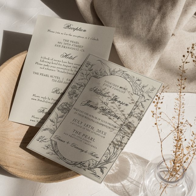 Classy Black Cream Floral Boho All In One Wedding Invitation (Creator Uploaded)