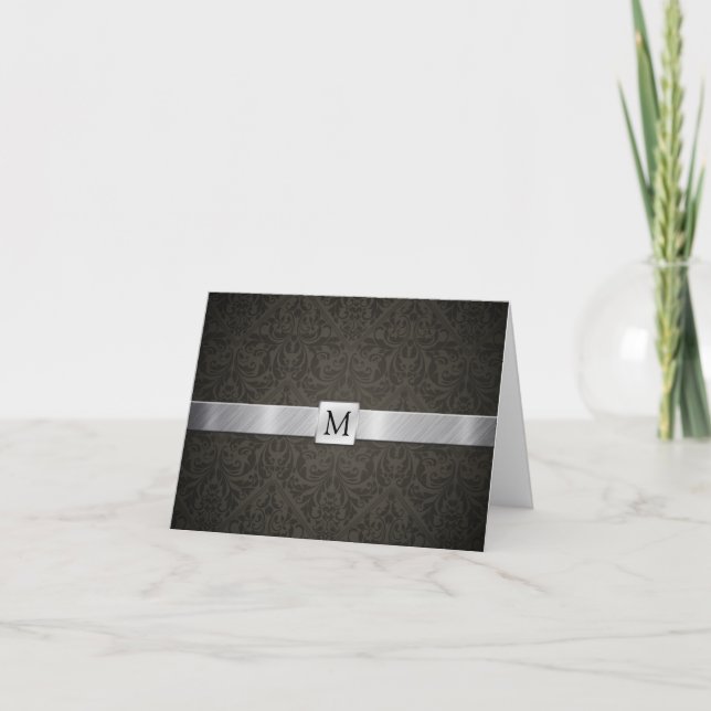 Classy Black Damask and Metallic Silver Thank You Card (Front)