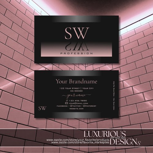 Classy Black Dusty Pink Gradient and Monogram Chic Business Card
