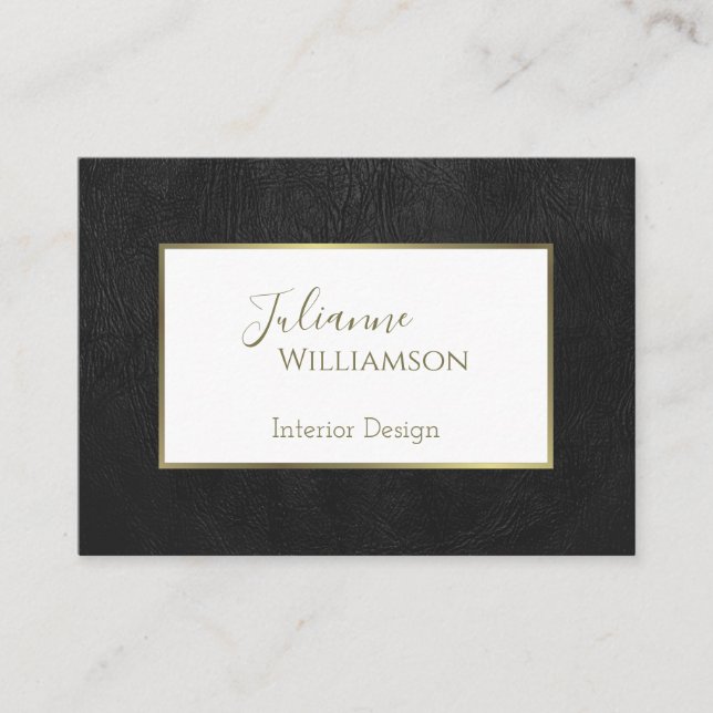 Classy Black Faux Leather with Gold Frame Elegant Business Card (Front)