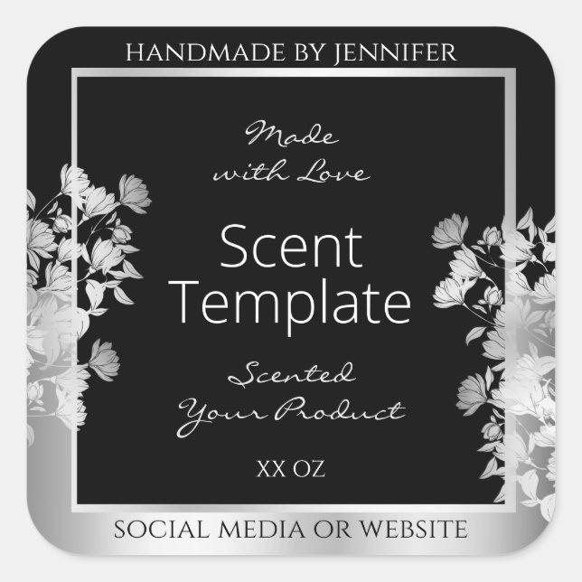 Classy Black Floral Product Packaging Label Silver (Front)