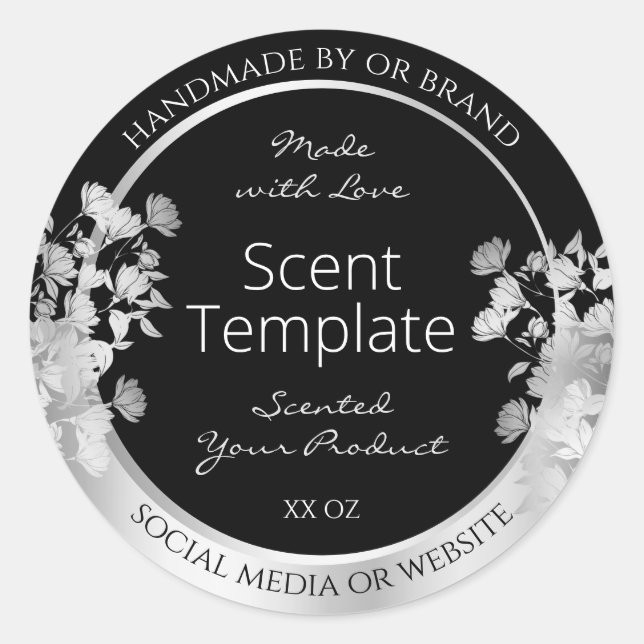 Classy Black Floral Product Packaging Label Silver (Front)
