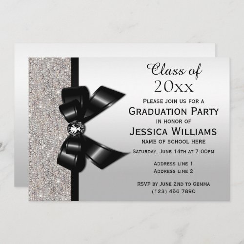Classy Black Gem Bow Silver Sequins Graduation Invitation