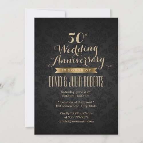 Classy Black  Gold 50th Wedding Anniversary Invitation