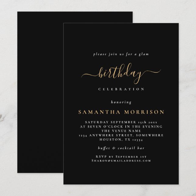 Classy Black Gold Any Age Birthday Invitation (Front/Back)